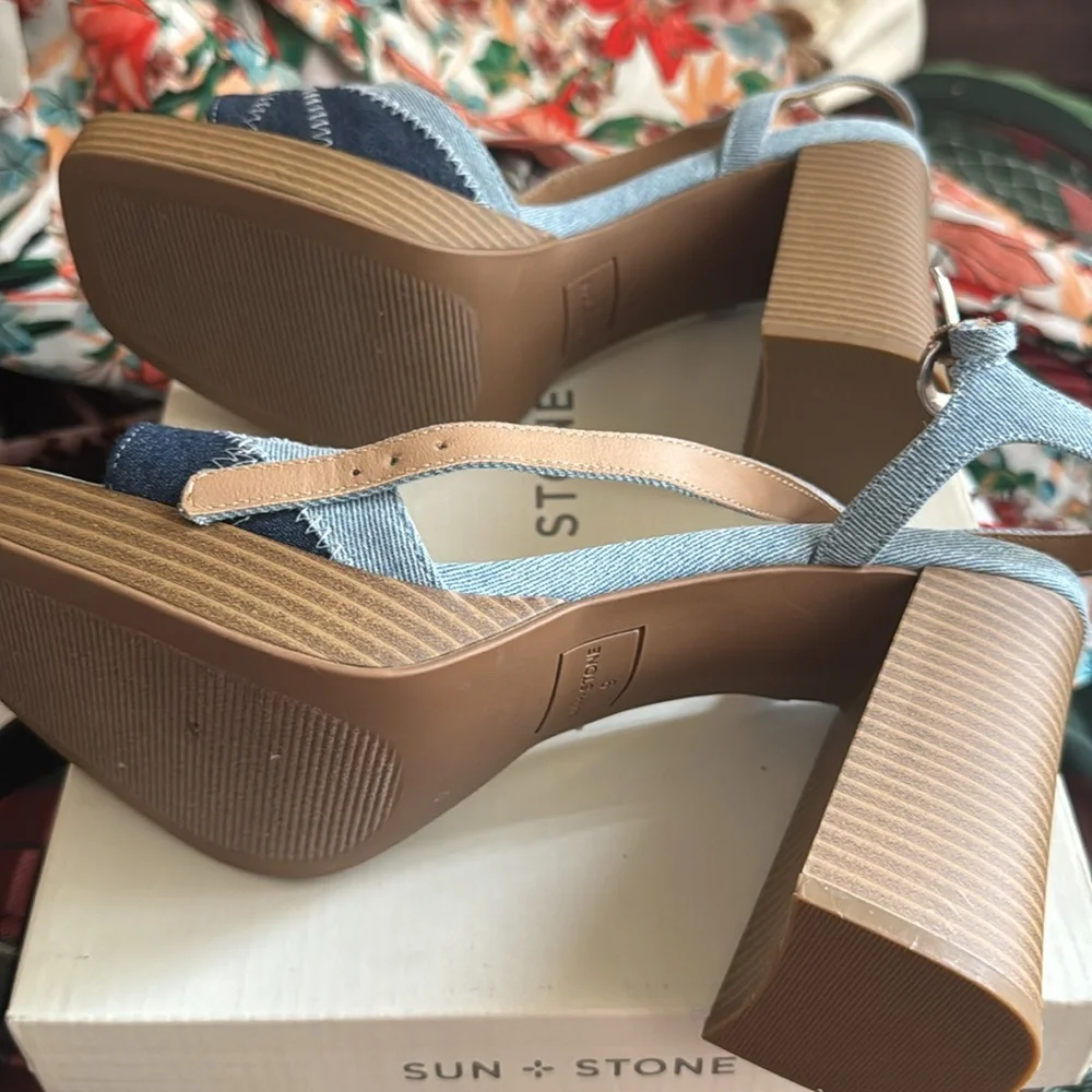 Sun + Stone Denim Patchwork Platform Sandals in Light Blue & Dark Blue